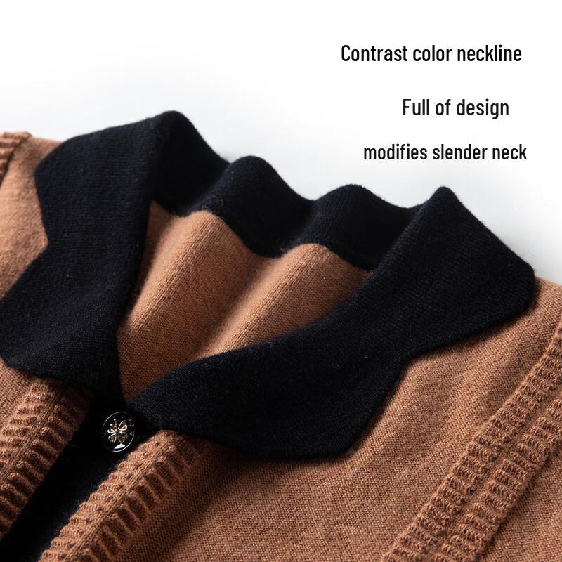 TUHUANG Women's Pure Wool Lapel Knit Sweater with Color Block Buttons