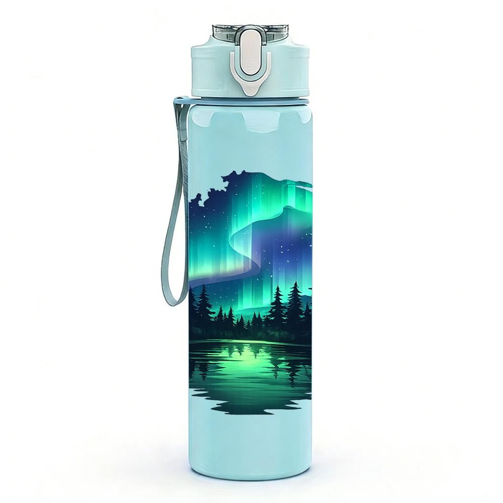 1PC Aurora Borealis Night Sky Scenery Print 750ml Color Plastic Sports Water Bottle Leakproof Flip Straw Lid Suitable for Sports Office Home Use