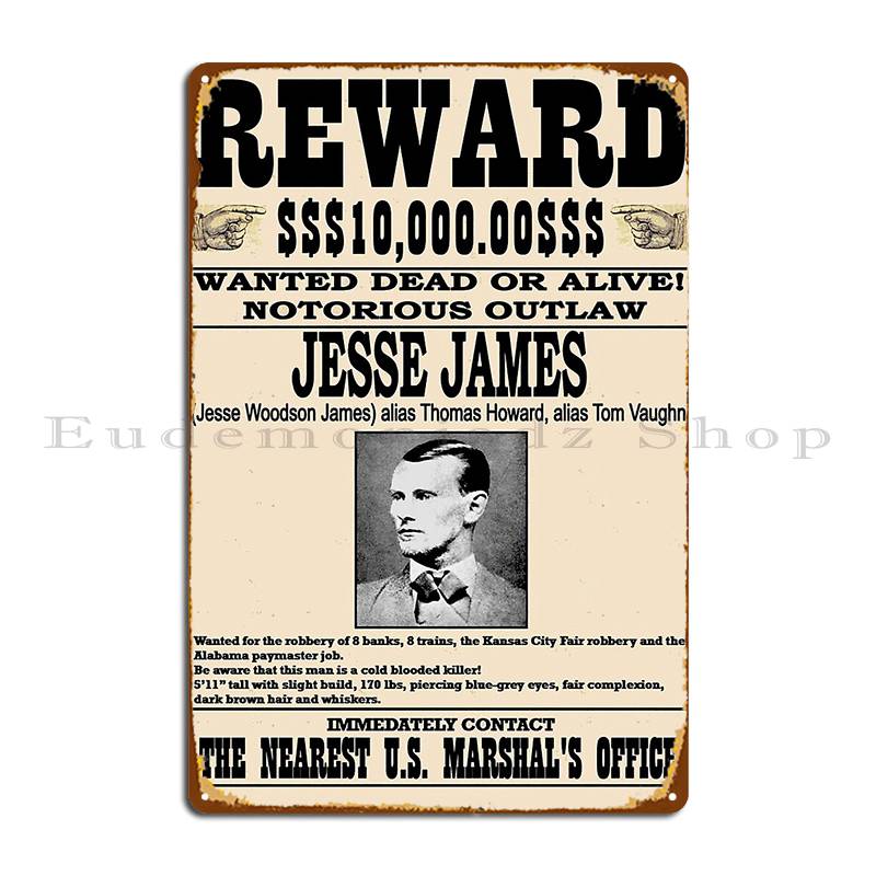 DORA Tin Sign Jesse James Vintage Restored Wanted Poster Metal Signs Wall Cave Sign Rusty Designs Plaques Tin Sign Poster 20X30CM