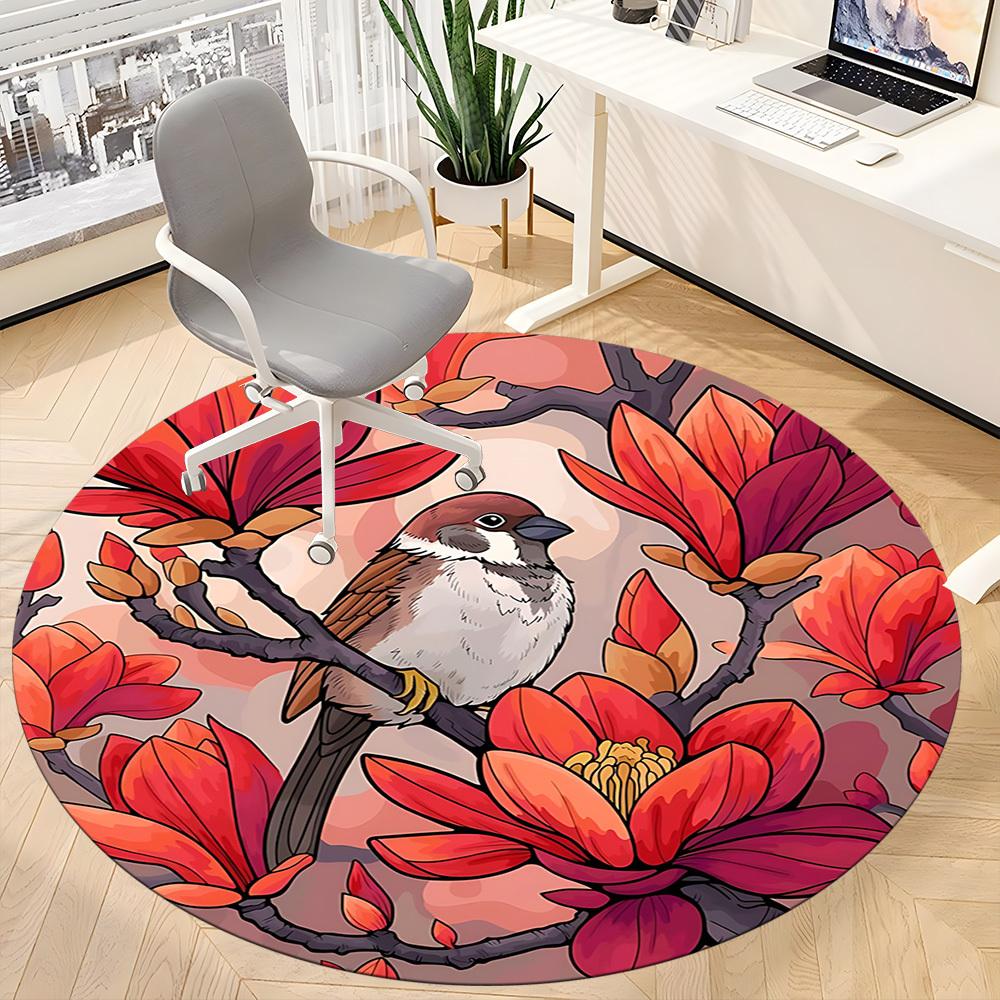 1pc Magnolia Bird Print Carpet for Office Non Slip, Round Carpet, Soft & Comfortable, Carpet for Office, Lightweight Round Floor Mat
