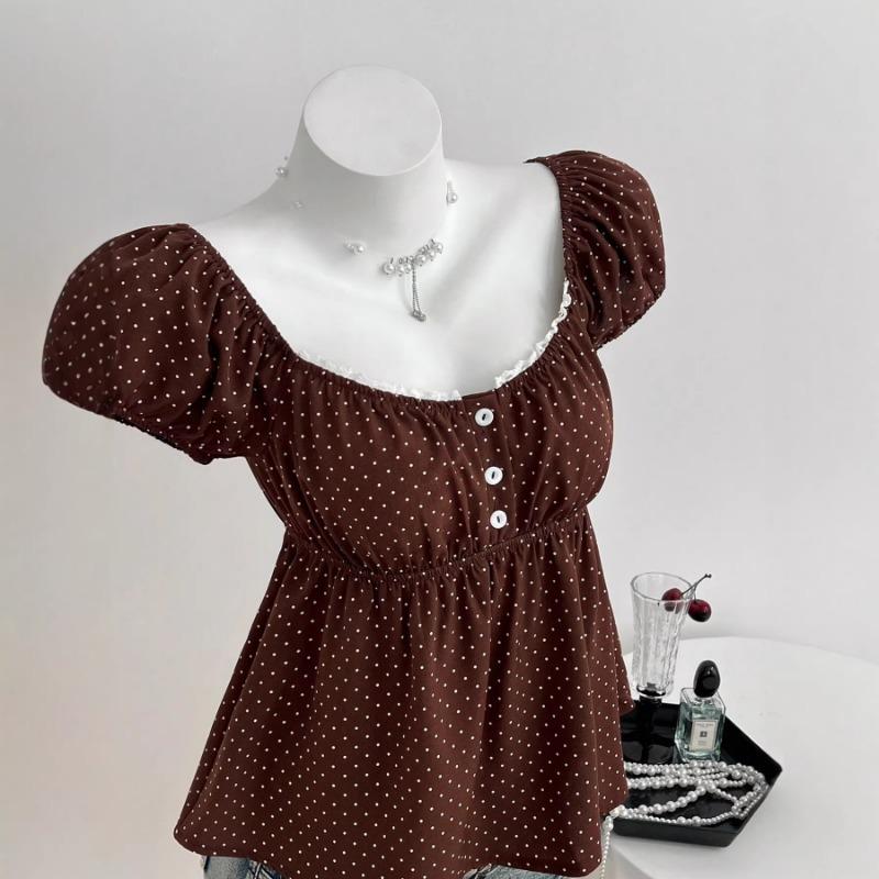 Women Casual Fashion Polka Dot U Neck Waist Cinched Short Sleeve T Shirt