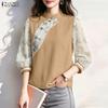ZANZEA Women Casual Splice 3/4 Sleeve Stand Collar Loose Blouse
