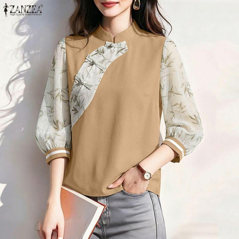 ZANZEA Women Casual Splice 3/4 Sleeve Stand Collar Loose Blouse