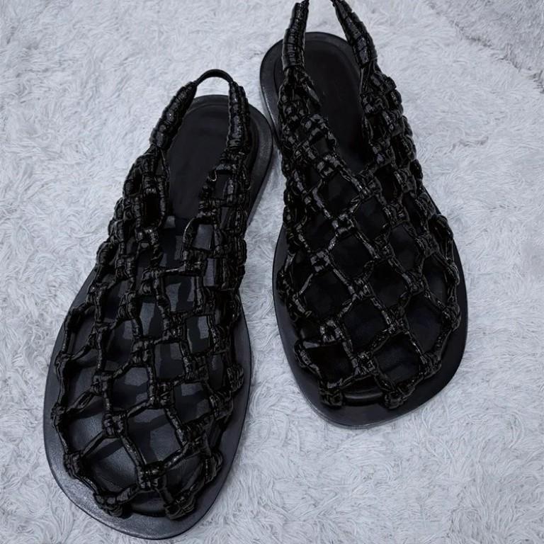 Cowhide version~ niche fishing net woven hollow flat-bottomed Roman sandals women's 2025 new summer new cool slippers