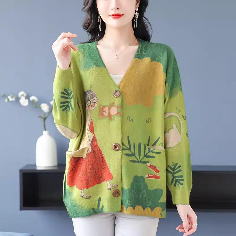 2024 Autumn/Winter V-Neck Mink Velvet Printed Loose Casual Single-breasted Coat