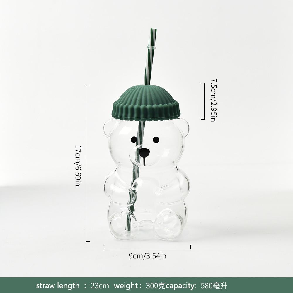Factory Direct Internet Celebrity Bear Shape High Borosilicate Glass Glass Cup With Green Silicone Hat And Colored Straw 580ml(19.61fl.oz) чистый