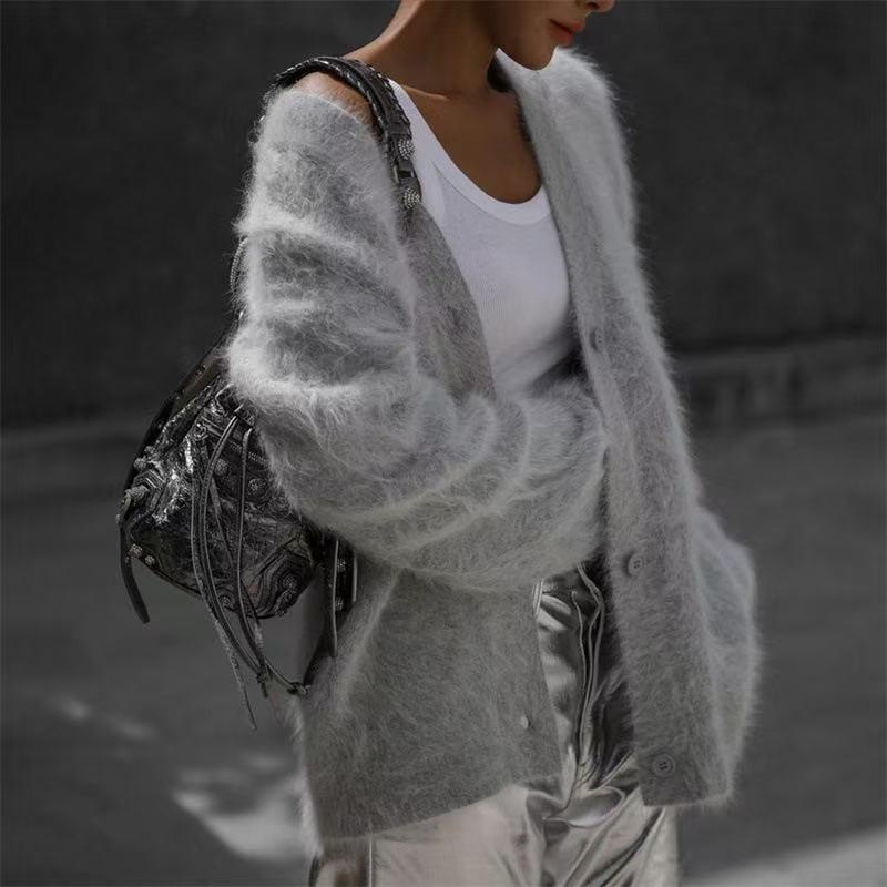 Autumn and Winter New Hot-selling Imitation Mink Cardigan Women's Lazy Style Solid Color Loose Long-sleeved Knitted Jacket