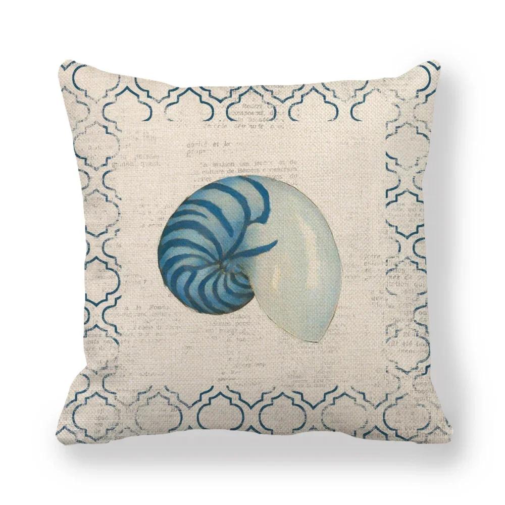 Fundas de Almohada de Mariscos Estrella de Mar Concha Marina Océano Cojín Decorativo Dormitorio Decoración del Hogar Algodón Lino Funda de Cojín 18x18 Pulgadas