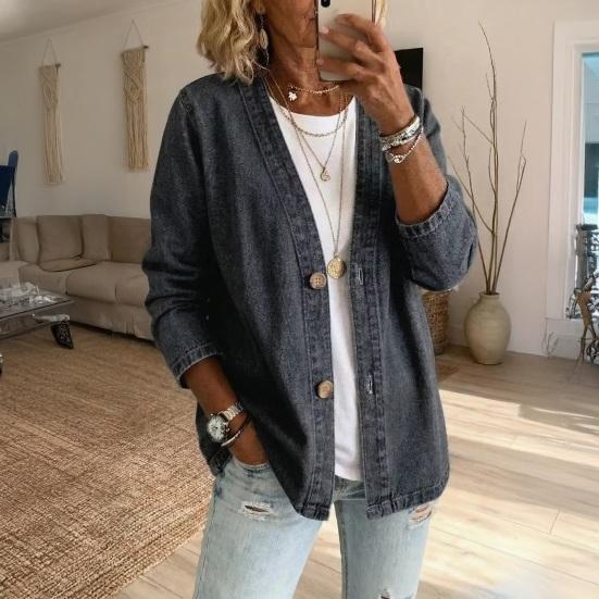 Giacca da Donna jijijing con Bottoni Frontali in Finto Denim, Cappotto Casual a Manica Lunga con Scollo a V, Cardigan Vintage Lento in Imitazione Jeans