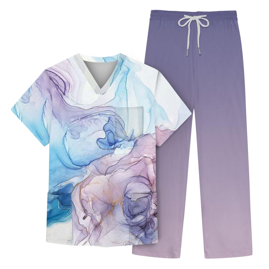 Men's Short Sleeve V Neck Print Chest Pocket Top Elastic Waist Pants Two Piece Work Suit