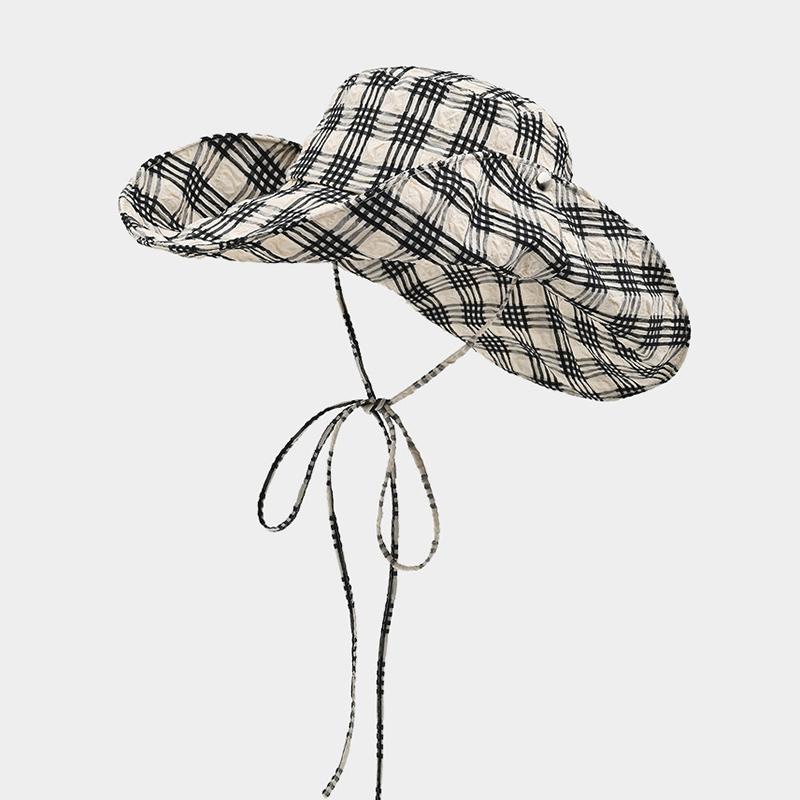 

Plaid Bucket Hats Women Versatile Sweet Lace-up Fisherman s Hat Summer Big Brim Sun Protection UV Protection Sun Hat