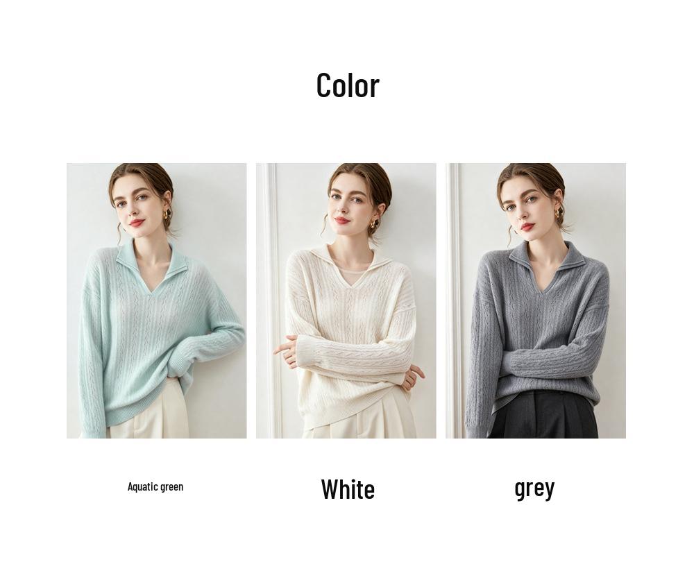 Lekasha 100% Pure Cashmere V-Neck Cable Knit Hollow Stitch Top