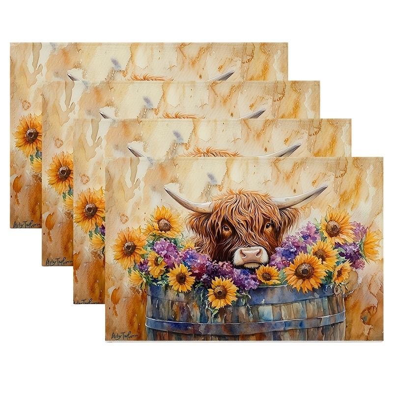 

4-Pack Highland Cow Watercolor Placemats, 12x18 Inch Polyester Knit Fabric, Rustic Farmhouse Dining Decor, Hand Washable Rectang 12x18in-4PCS
