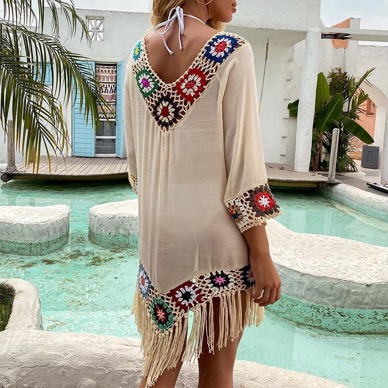 Spring and Summer Women's Beach Bikini Cover Up with Fringe Trim Women Sexy Hollow Tunic Beach Dress Bathing Suit Beachwear