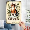 2D Flat Vintage Cat Cafe Metal Wall Art, Rustic Tinplate Sign 8x12 Inch, Whimsical Cat In Cup Botanical Decor, Earth Tone Hanging