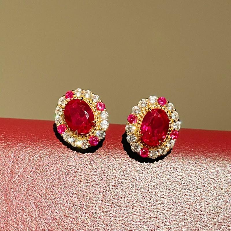 S925 Silver Plated with 18K Gold Empress Series Pigeon Egg Red Gemstone Stud Earrings