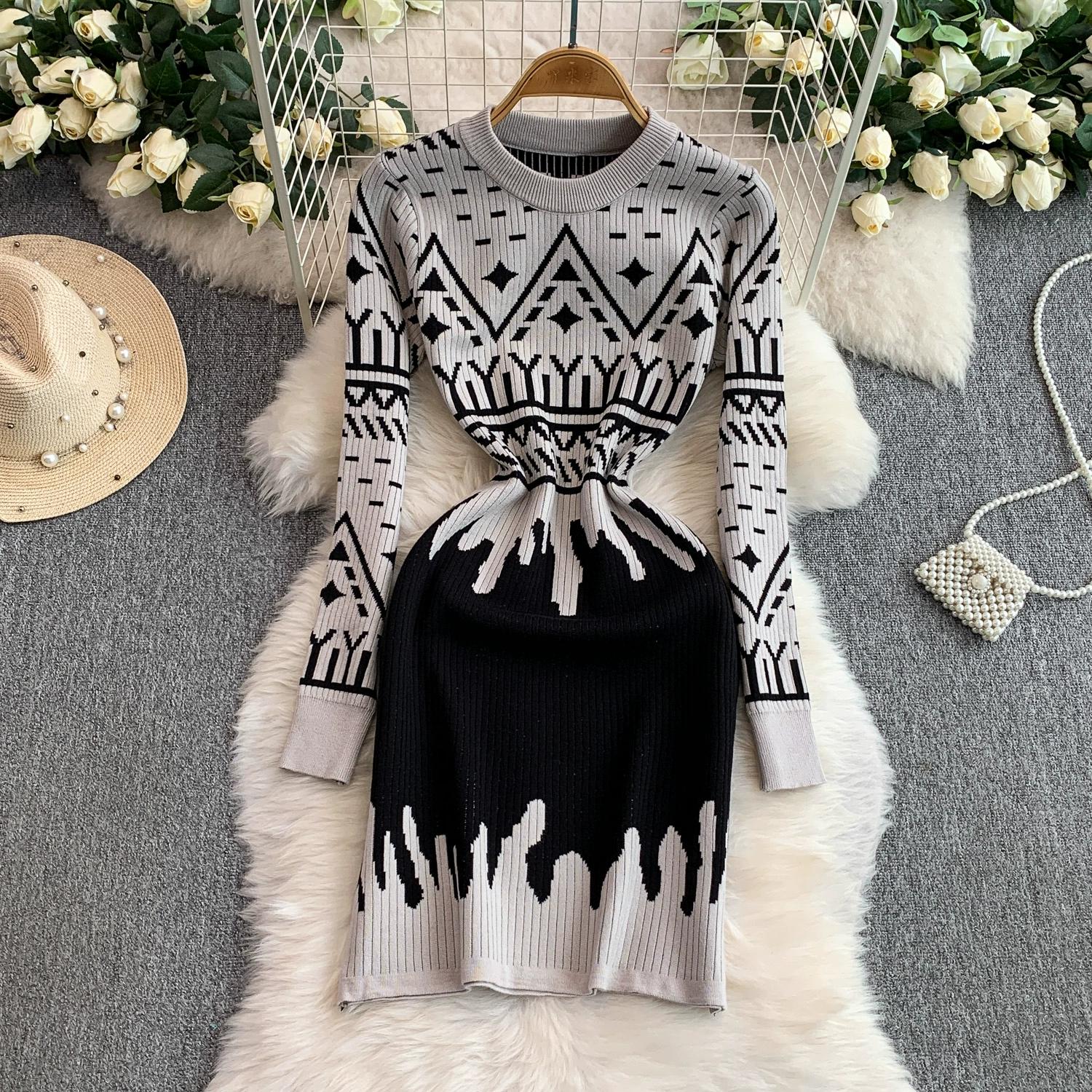 

Осень Зима Женский Винтажный Принт Круглый Вырез Вязаный Свитер Мини Короткий Облегающий Платье-Футляр One Size хаки