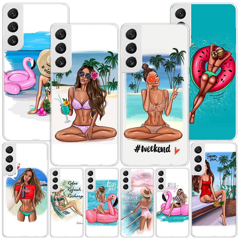 Girl Flamingo Summer Beach Phnoe Case for Samsung Galaxy S26 S25 Edge S23 S24 Ultra S22 Plus S21 S20 FE Unique Cover Soft Coque