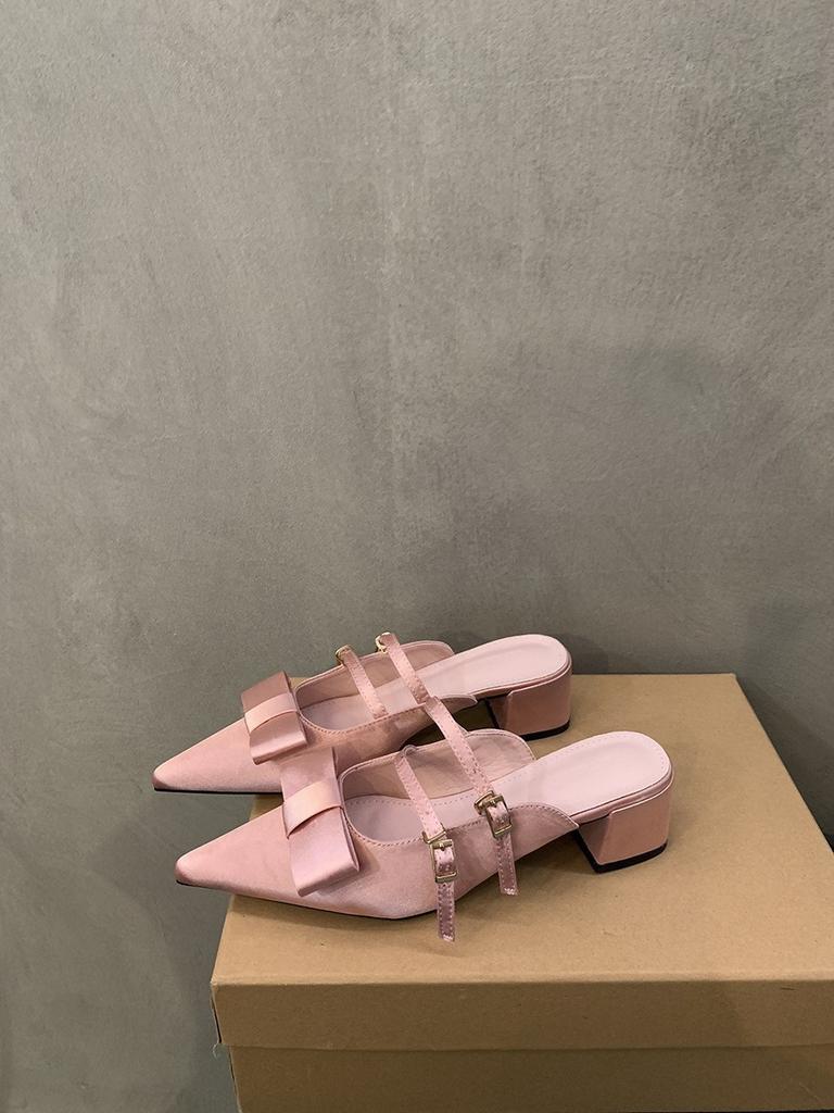 Pointed Toe Sandals Bow New French Thick Heel Bag Head Half Slippers Women's Shoes 2025 Summer Mary Jane Outer Wear