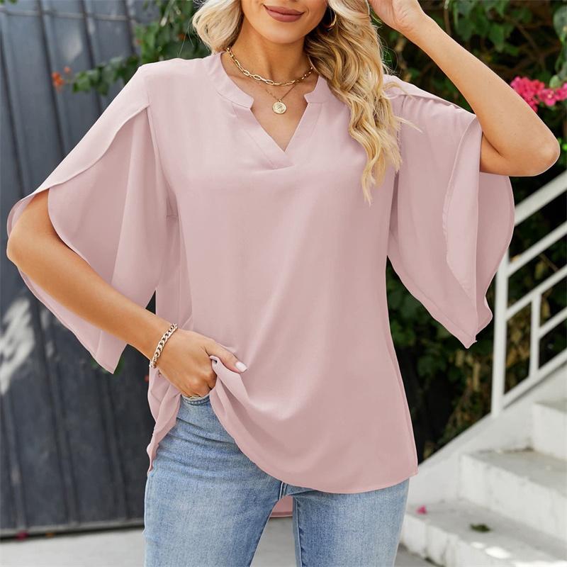 Spring and Summer Women Chiffon Blouses Shirts Lady Casual Short Flare Sleeve V-Neck Loose Blouse Tops
