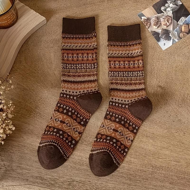 [7 Pairs Thermal Socks] 7 Pairs Women's Thermal Socks | Soft, Warm, Mid-Calf Length, Ethnic Geometric Pattern | Hand Wash Only, Casual & Formal Wear