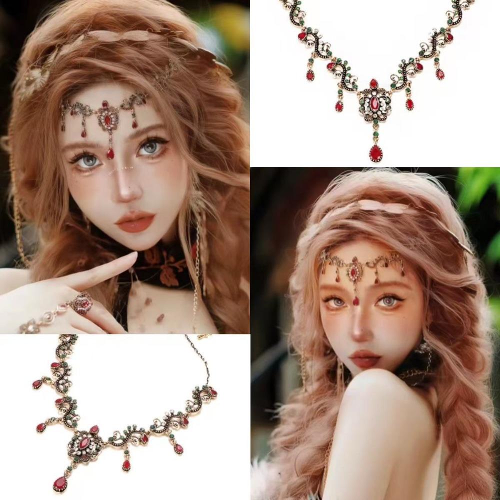 Rhinestone Ethnic Style Necklace Vintage Forehead Chain Retro Tibetan Tassel Necklace Gifts