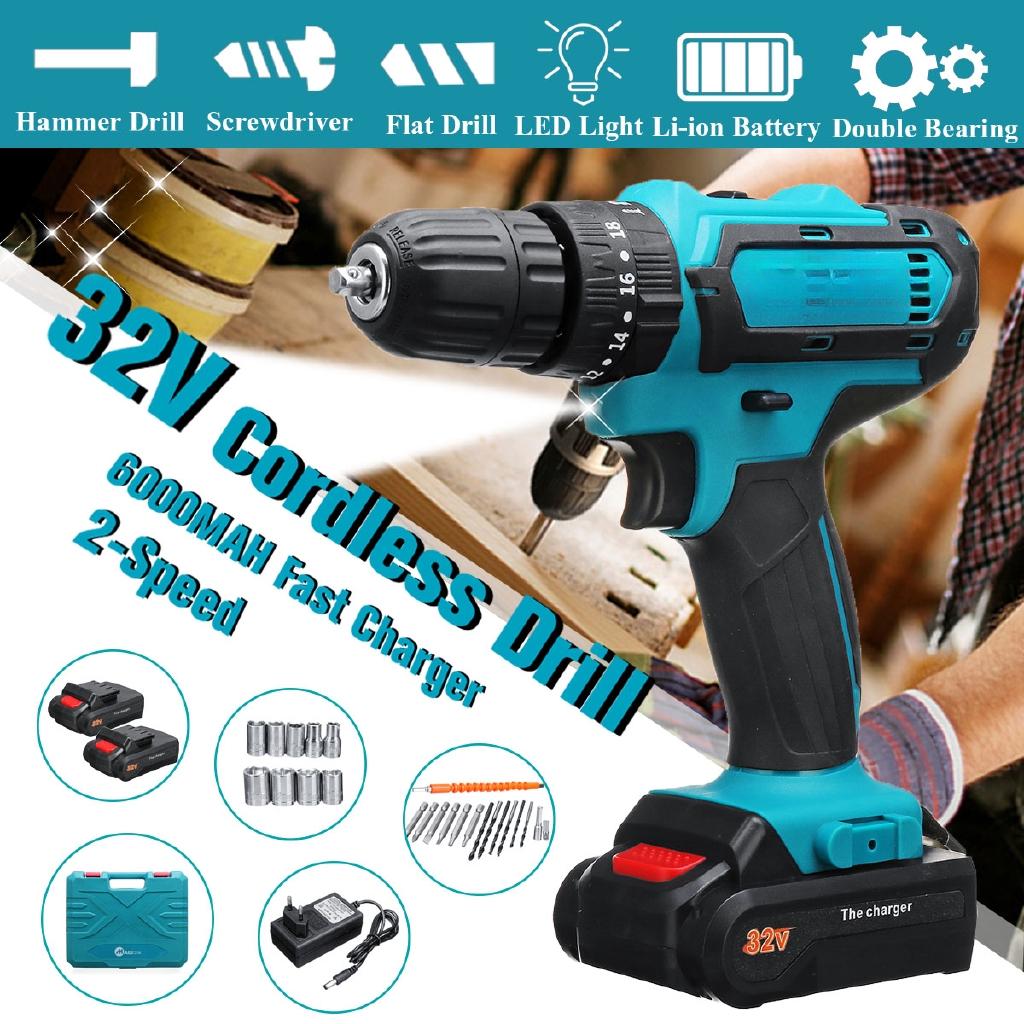 2 Speed 32V 3 IN1 2 Batteries Cordless Drill Impact Drill Power Driver Electric Drill Power Tool  Electric Screwdriver