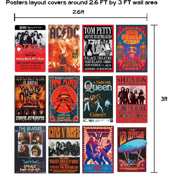 Woonkit Vintage Rock Band Posters for Room Aesthetic, 70s 80s 90s Retro Music Room Wall Bedroom Decor Art, Vintage Rock Concert Poster Wall Collage,