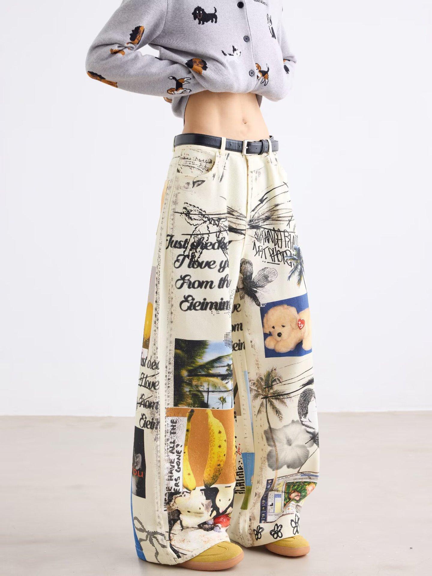 

Graffiti Print Jeans Women s American Hiphop Pants High Street Loose Wide-leg Pants Trendy Women s Print Wide-leg Jeans, Vintage Artistic Casual Pants 3XL
