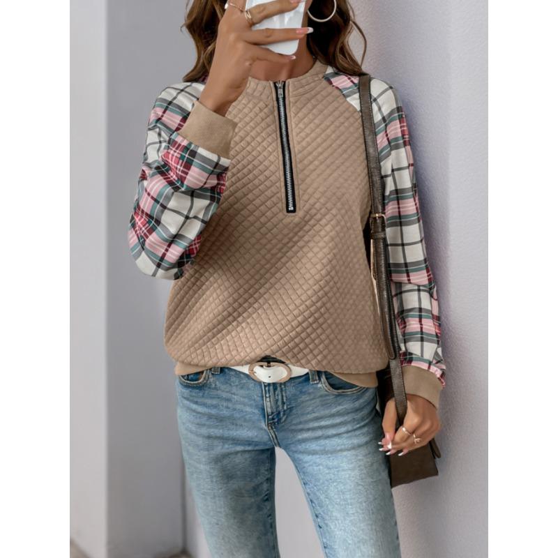 Women S Vintage Casual Loose Fit Plaid Patchwork Long Sleeve Sweatshirt
