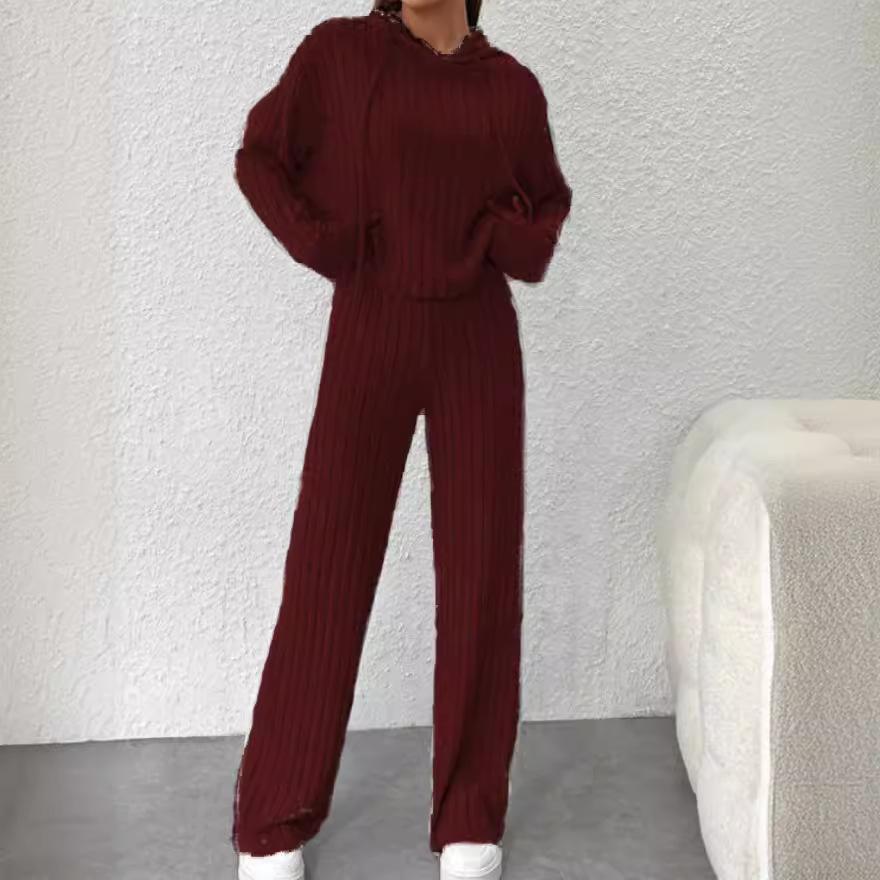 Women's Ribbed Knit Hooded Sweatshirt and Wide Leg Pants Set in Light Grey