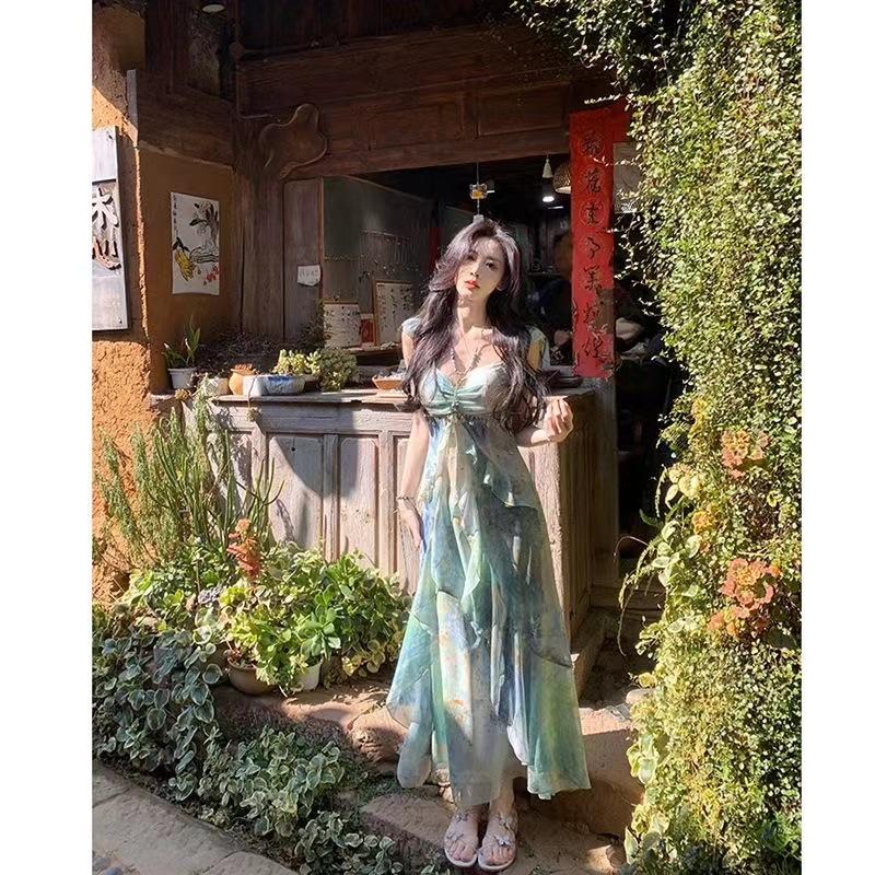 French Forest Floating Summer Temperament Vacation Suspender Dress Smudged Summer New Waist Skirt New Fashion