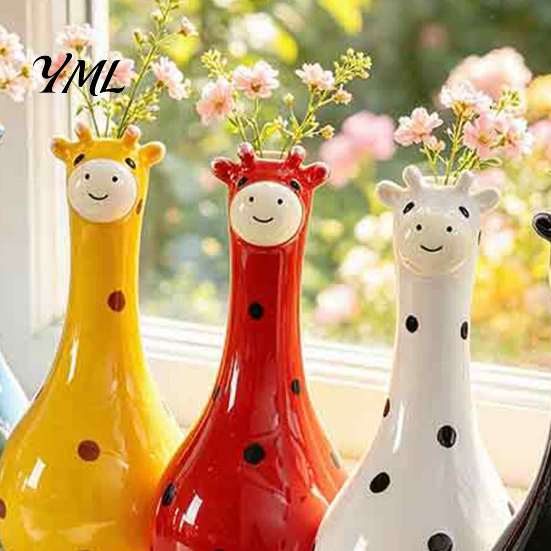 Multifunctional Resin Art Cute Polka Dot Giraffe Vase, Hand-painted Flower Creative Big-mouthed Unique Home Decor Accents Holder for Living