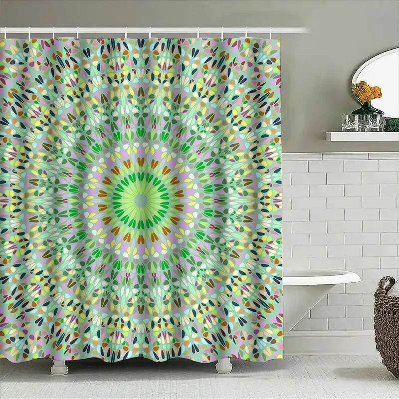 Colorful Mandala Shower CurtainAbstract Bathroom Decor with Green Floral Design Blue, Yellow Pink Geometric Print for Kids Bathr