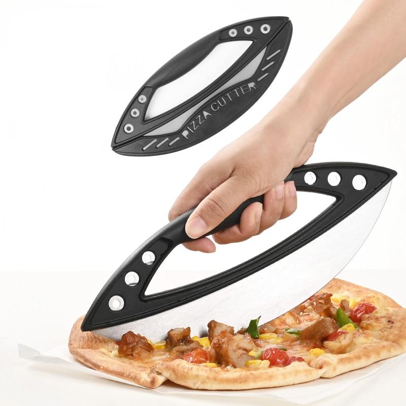 Stainless Steel Semi Circular Pizza Cutter with Blade Cover for Slicing Pizza Herbs and Dough Premium Kitchen Tool