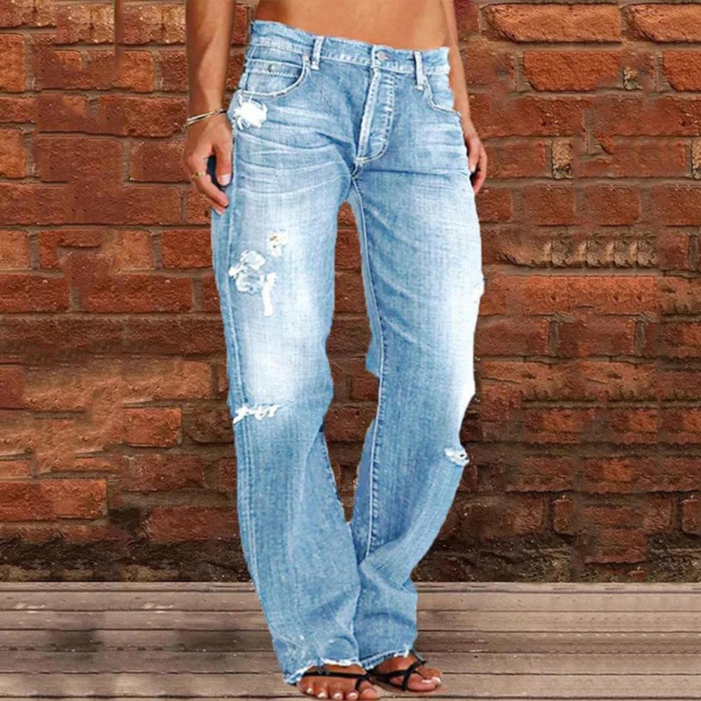 High Waist Denim Pants Stylish High Waist Women's Jeans with Ripped Details Slim Fit Multiple Pockets for Daily Wear Trendy
