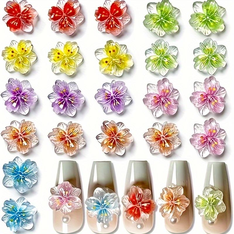 100/200pcs 3D Flower Nail Charms Ice Translucent Flower Nail Charms Flower Nail Art Charms Luminous Flower Nail Designs Resin Pe