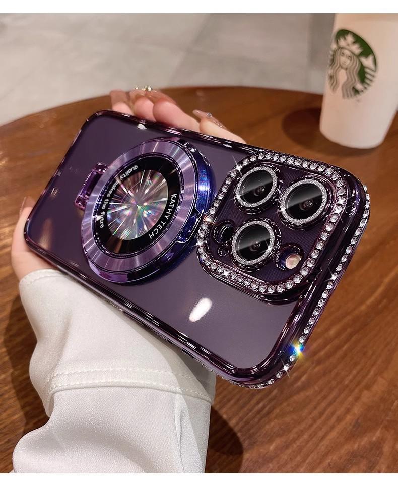 

Applicable to Apple 17ProMAX mobile phone case electroplated CD pattern magnetic suction bracket IP16 gradual change rhinestone lens film protection IPhone16E/SE4 фіолетовий