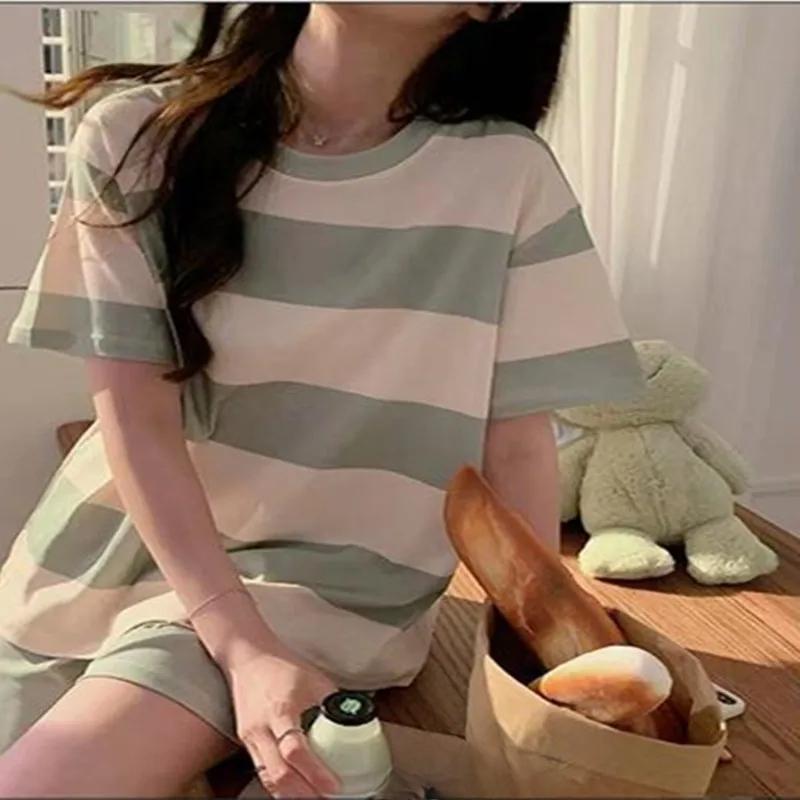 2PCS/Set Summer Ladies Pajamas Striped Short-Sleeved Shorts Thin Section of Small Fresh Ladies Homewear Women Soft Loungewear