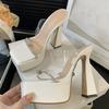 Eilyken Designer Platform Crystal Women Slippers PVC Transparent Square Toe Chunky High Heels Slide Shoes