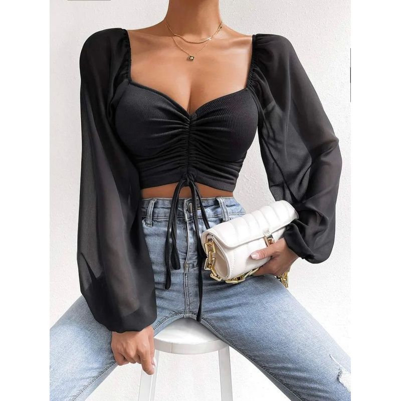 V-neck Drawstring Lantern Sleeve Top Low Cut V-neck Drawstring Bishop Sleeves Top