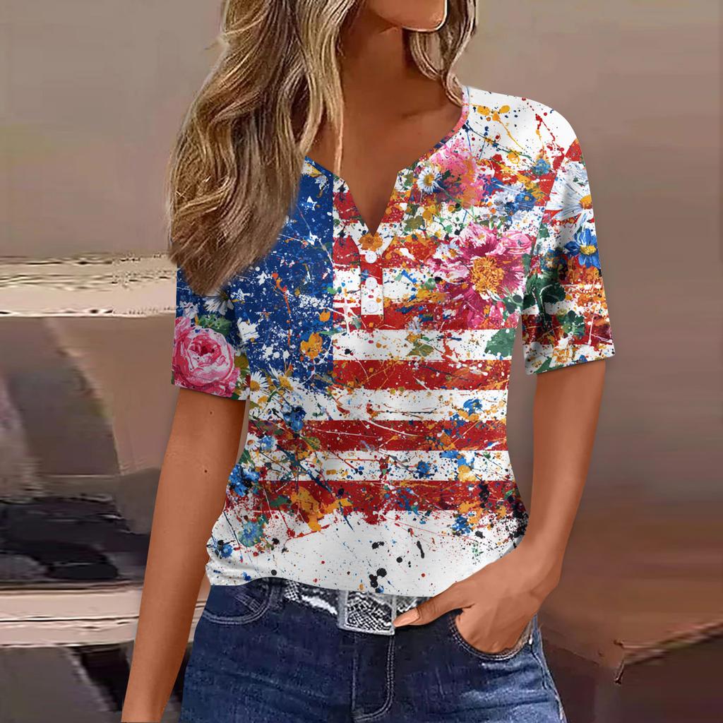 Women's T Shirt Tee Print Button Short Sleeve Daily Weekend Fashion Basic V- Neck Regular Top