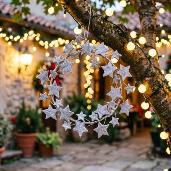 Metal Star Wreath for Front Door 11" Glitter Shiny Star Sparkling Wreath for Wall Mantle Holiday Party Indoor Outdoor Decoration