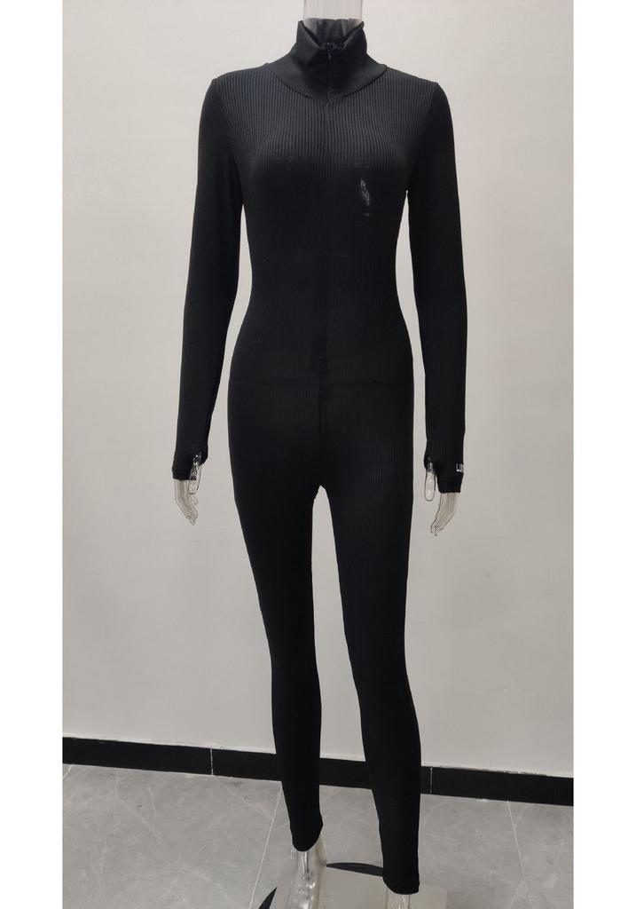 Damen Hochgeschlossener Bestickter Fitness-Jumpsuit - Stretch, Schlankmachend, Reißverschluss Design 2026