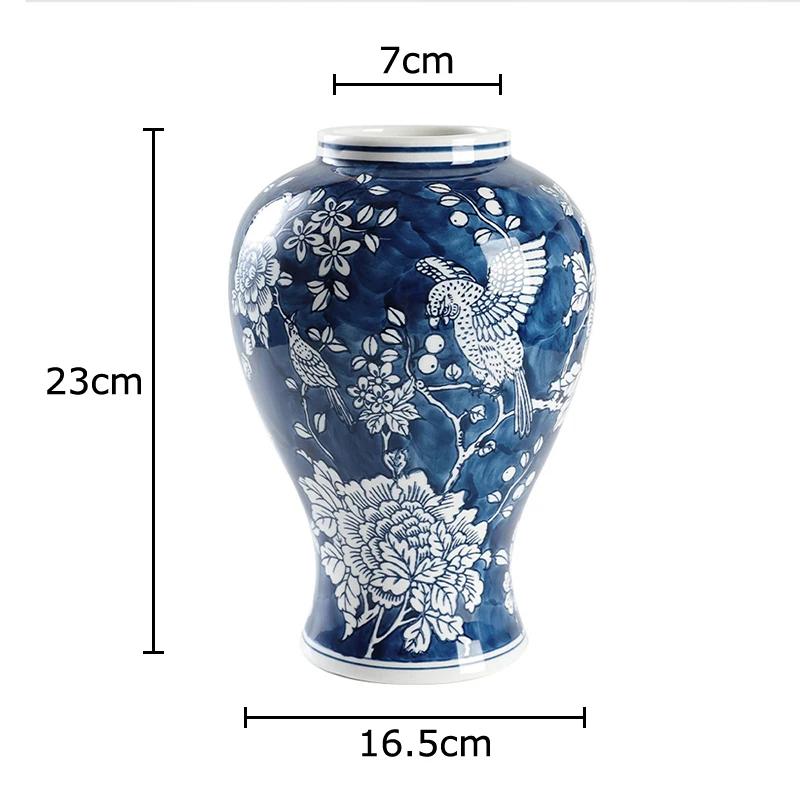 Flowers and Birds Pattern Blue Porcelain Vase Plant Pots Table Decoration Flowers Arrangement Floral Vases Room Aesthetic Decor