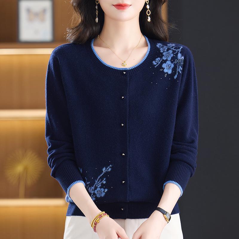 Women's Pure Wool Embroidered Cardigan - Round Neck, Button-Up Knitwear for Autumn/Winter