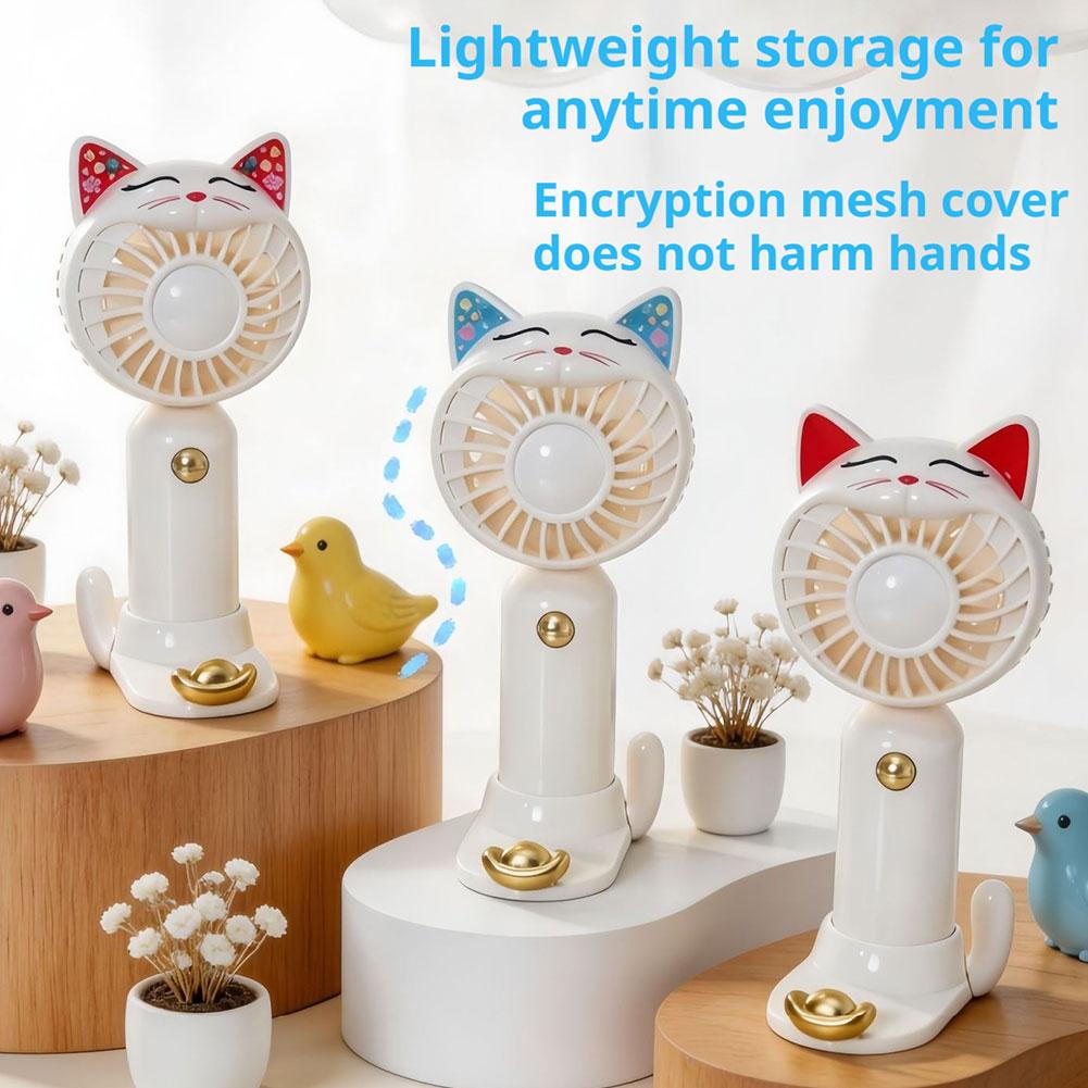 Mini Cute Cat Shaped Fan With Base Portable Handheld Fan USB Rechargeable Desk Cooling Fan For Home Travel Gift Summer Cooling