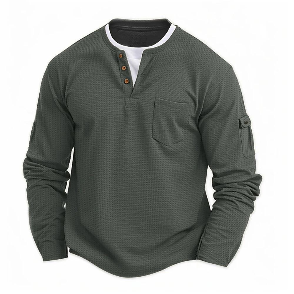 Men's Button Henley Neck Shirt Long Sleeve Casual Button Solid Color T-Shirt Waffle Cotton Fake Two-piece T-Shirt