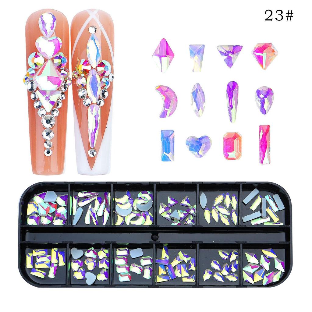 12 Gitter/Box, gemischtes Design, flache Rückseite, Nagel-Strasssteine, 3D-Charms, Stein-Edelsteine, Nagelkunst-Dekorationen