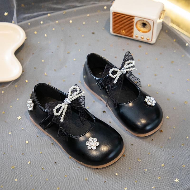Girls leather shoes 2025 autumn new girls bow crystal princess shoes fashion children soft sole casual shoes